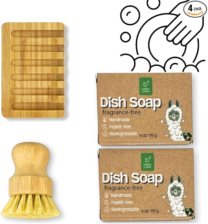Green Llama Eco-Friendly Dish Washing Bar Soap Set with 2 Fragrance-Free Solid Coconut Oil Bars Sisal Scrub Brush and Bamboo Holder - Sustainable Kitchen Cleaning set