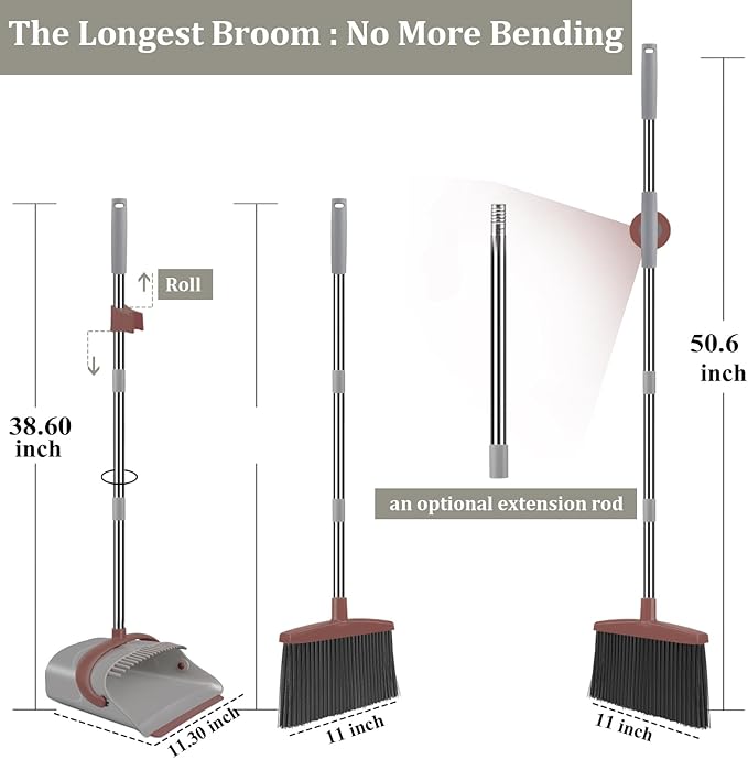 Ivandar Broom with Dustpan Combo Set 50.6 inch Long Handle Upright Standing Broom and Dustpan Set Quiet Cleaning Tool Sweep the Floor Dust pan Removes 4 Times More Pet Hair(Brown and Gray)