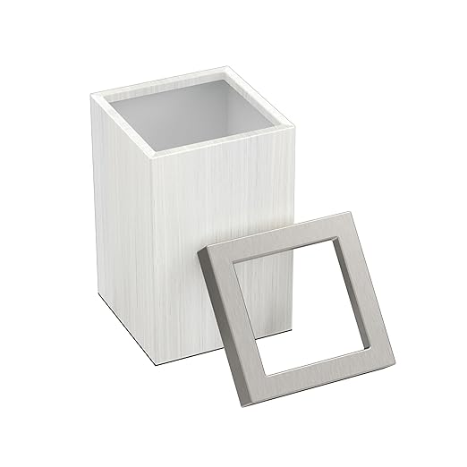 Gatco Small Bathroom Trash Can with Lid Square 3 Gallon Wastebasket Under Sink White Oak with Satin Nickel for Bathroom Bedroom Office (1936SN)