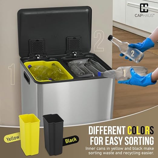 CAPHAUS Black Dual Trash Can w/Single Lid Trash &amp Recycle Bins Combo Hands-Free Stainless-Steel Garbage Can for Kitchen with 2 Compartment Hinged Lid Odor Filters Handles 30L+30L 2 x 8 Gal