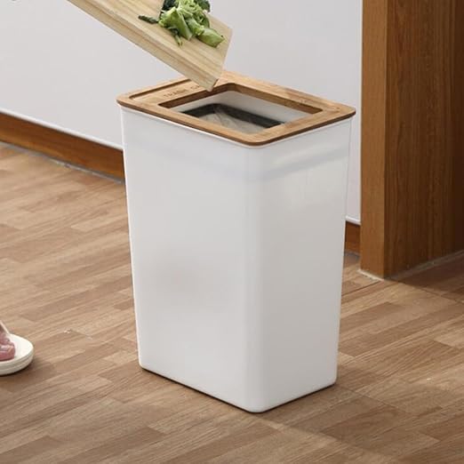 BESPORTBLE Large Wastebasket with Wooden Lid Kitchen Trash Bin with Built-in Press Ring Ash Bin for Home and Bathroom Storage Practical Waste Container Size L