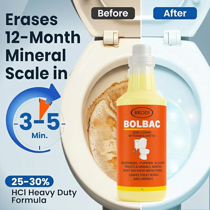 Brodi BolBac Heavy Duty Toilet Bowl Cleaner High-Power 25-30% HCI Formula Fast Lime &amp Rust Removal Fixture-Safe Removes Odor-Causing Build-Up (Pack of 1)
