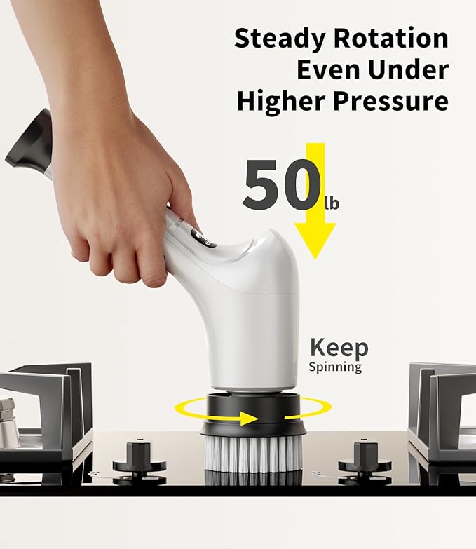 Electric Spin Scrubber Cordless Household Cleaning Brush with 6 Replaceable Heads 3 Speeds LED Display Lightweight Handheld Power Scrubber for Cleaning Stove/Bowl/Sink/Corner/Tile/Grout-White
