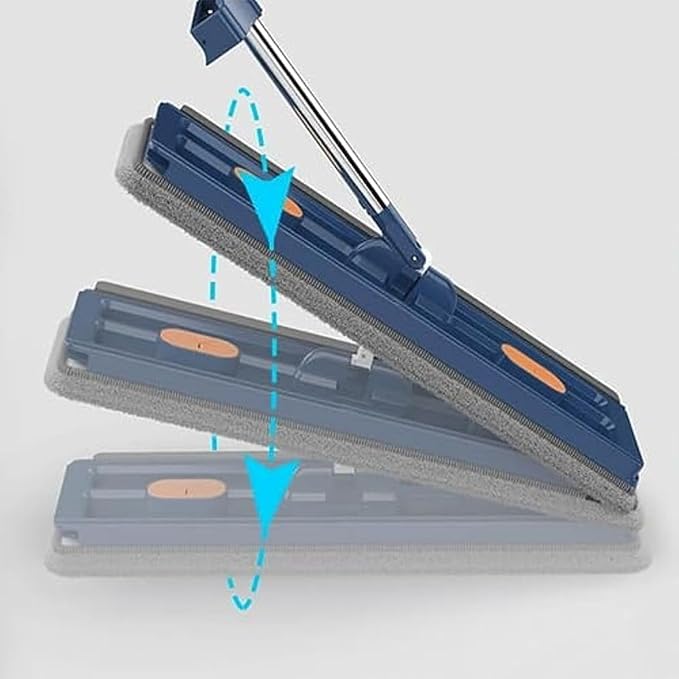 Large Flat Mop Large Surface Microfiber Flat Mop Wall Cleaning with Long Handle Magic 360° with Dewatering Scraper 12027(Blue Mop+4pcs Rag)