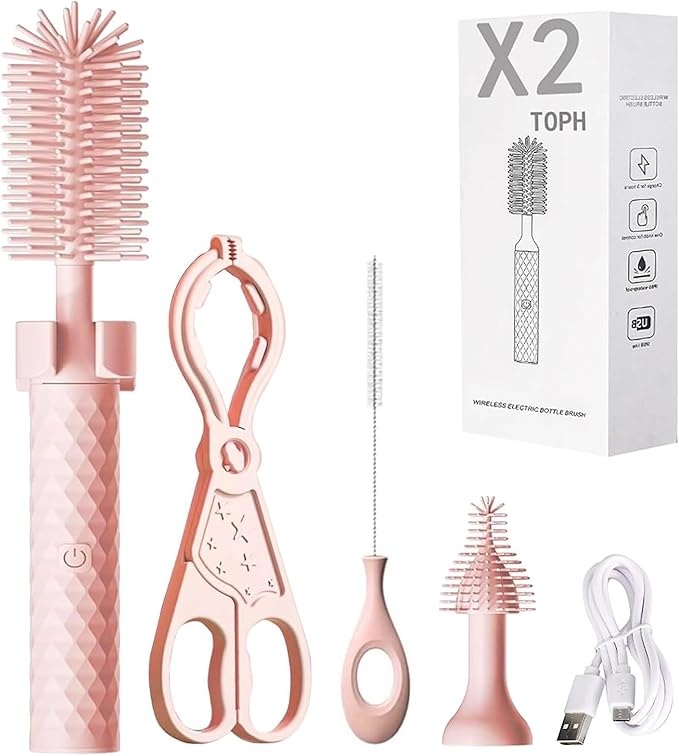 360 Bottle Cleaner 360 Electric Bottle Cleaner Electric Bottle Brush Cleaner Baby 360 Bottle Cleaner Brush Portable Travel Electric Baby Bottle Brush Set (4SetPink)