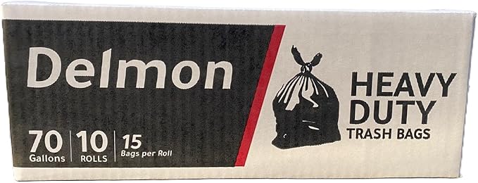 Delmon Trash Bags - 150 Bags / 10 Rolls Carton - 70 Gallons - Thick and Heavy Duty Trash Bag for Commercial Home &amp Kitchen UseFits Toter Curbside Bins - W 43” L 48” Thickness 0.87MIL