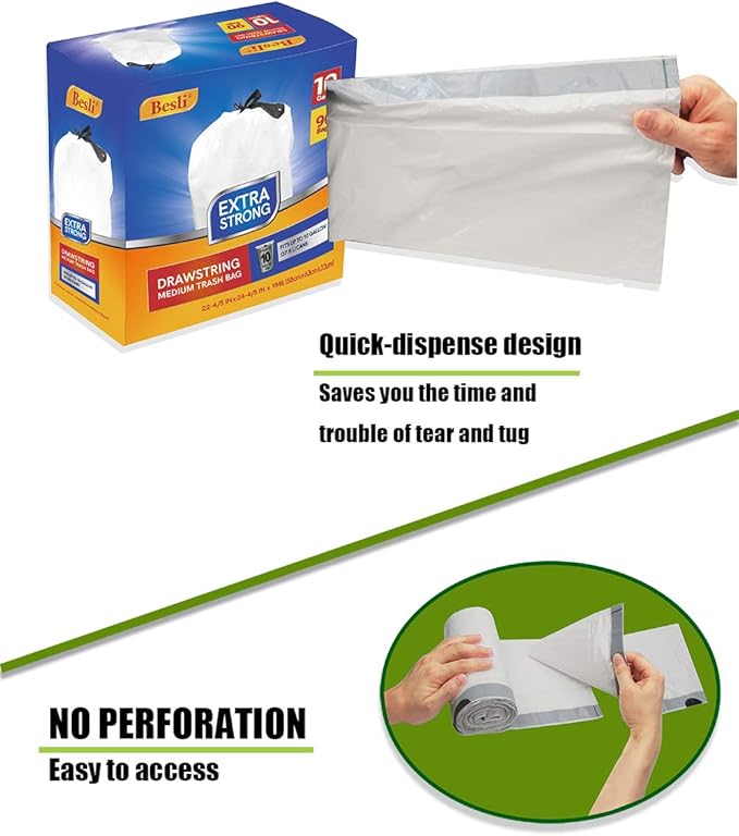 Besli 10 Gallon Drawstring Trash Bag Garbage Bag Trash Can Liner0.9 Mil90 Counts