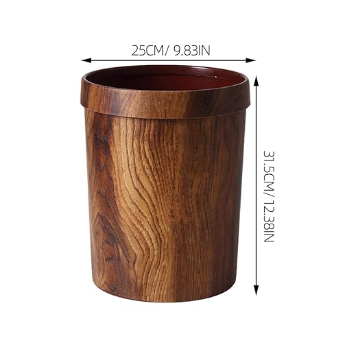 Wood Grain Trash Bin 14L Vintage Round Garbage Can with Press Ring for Hotel Rooms Bedroom Office and Bathroom Wastebasket