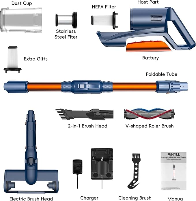 whall Cordless Vacuum Cleaner Upgraded Strong Suction Brushless Motor Cordless Stick Vacuum Cleaner Lightweight Handheld Vacuum for Home Pet Hair Carpet Hard Floor up to 55mins RuntimeBlue