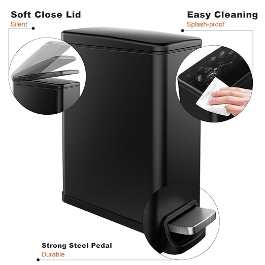 Slim Bathroom Trash Can with Lid Soft Close 2.6 Gallon Stainless Steel Garbage Can with Removable Inner Bucket Durable Step Pedal Small Trash Bins for Toilet Bedroom Kitchen Office