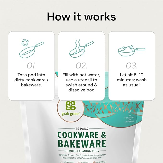 Grab Green Cookware and Bakeware Cleaner Pods 4 Bags of 15 Pods Tangerine Lemongrass Scent Plant and Mineral Based Removes Burnt-On Food Eliminates Grit and Grime No Scrubbing Necessary