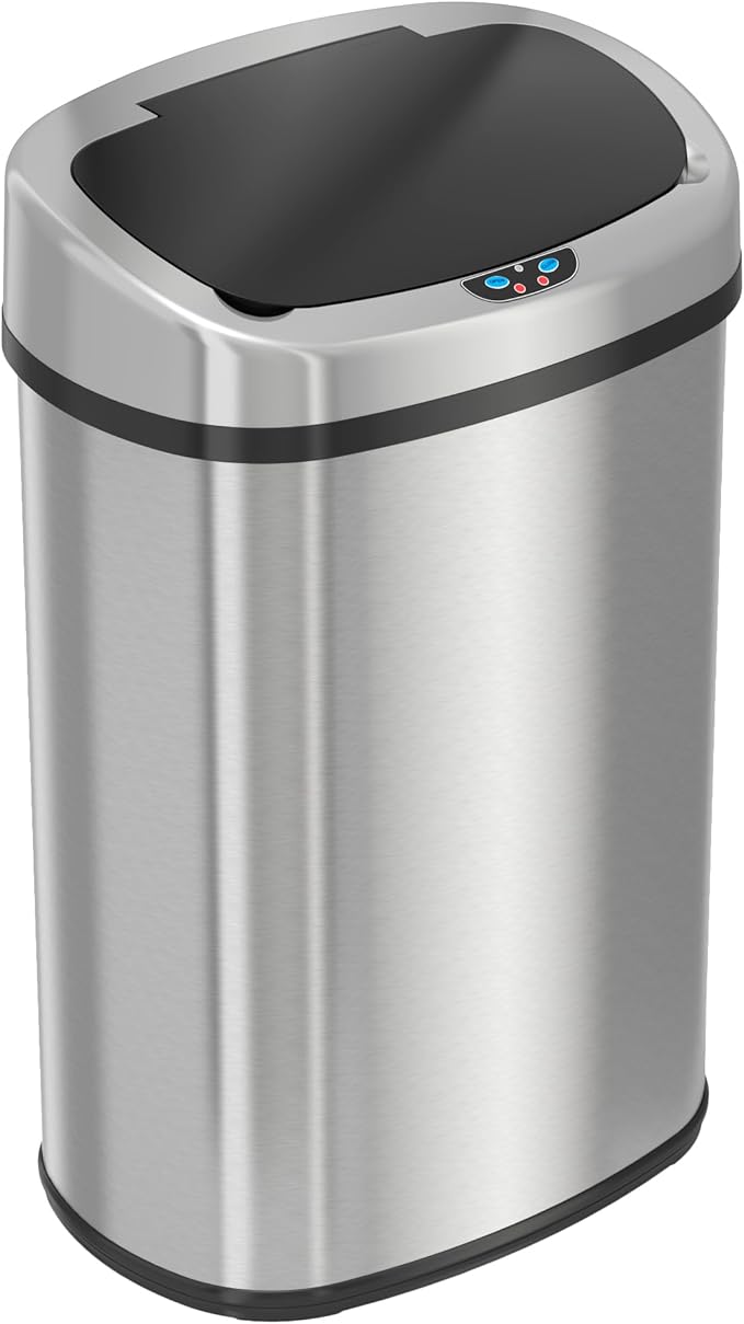 iTouchless 13 Gallon Oval Sensor Trash Can with Odor Filter Fingerprint-Proof Stainless Steel 50 Liter Automatic Kitchen Garbage Bin Smart Hands-Free Motion Lid Quiet Soft-Close Brushed Silver