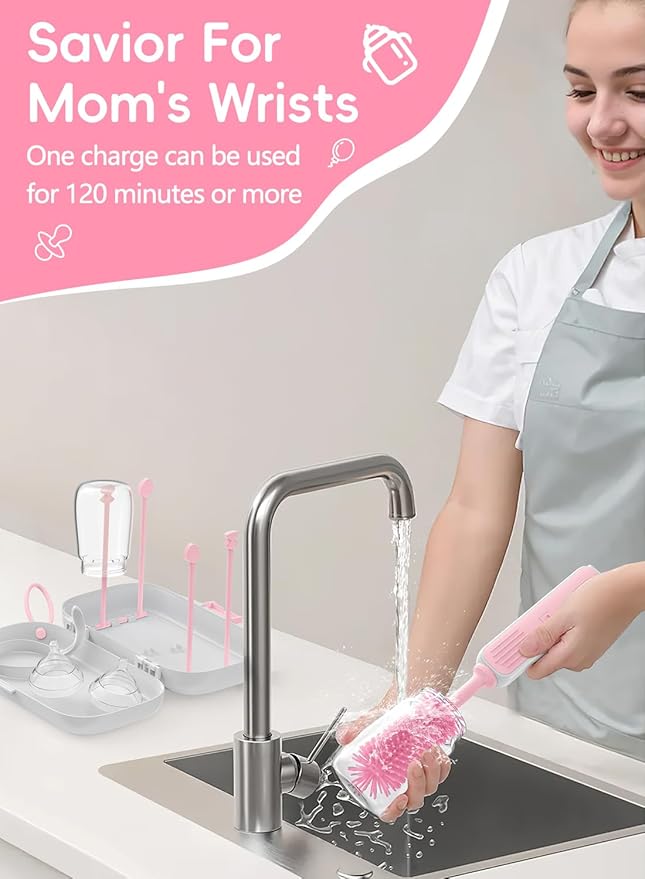 Electric Baby Bottle Brush Cleaner Baby Travel Bottle Cleaner Kit- 2000mAh Rechargeable Silicone Brush Drying Rack Compact Storage Box 360° Efficient Cleaning Bottle Brush for Home &amp On-The-Go