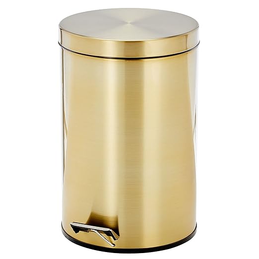 mDesign Tall 3.2 Gallon/12 Liter Round Metal Step Trash Can Wastebasket Garbage Container Bin fo Kitchen Bathroom Home - Removable Liner Bucket - Soft Brass