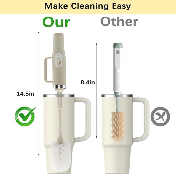 5 in 1 Electric Bottle Brush Cleaner Compatible Stanley Bottle Brush Straw Cleaner Multifunction Rechargeable IPX6 Waterproof Extra Long Design for Stanley Cup Sports Bottle and More (Beige)