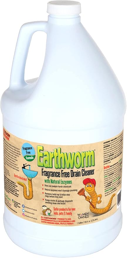 Earthworm Fragrance Free Drain Cleaner - Drain Opener - Natural Enzymes Environmentally Responsible Safer for Pets and Kids - 1 Gallon