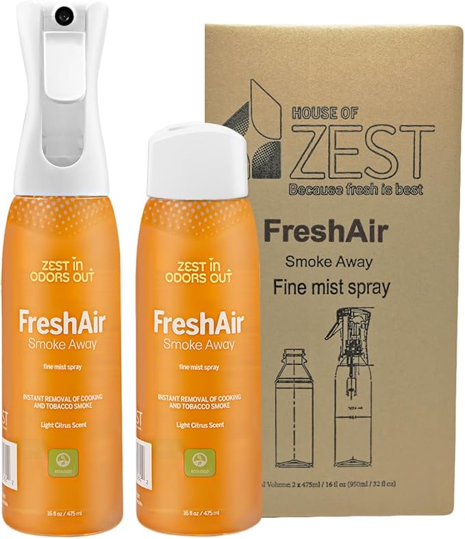 House of Zest FreshAir SmokeAway–Eliminates Tobacco/Marijuana odor on contact.Formulated to eliminate cooking smoke and grease. Chemical FREE made with natural ingredients citrus scent. 2pk(32fl oz)
