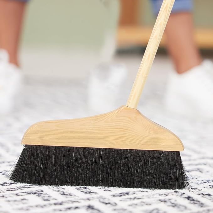 Mikikit Horsehair Broom with Long Handle Soft Pine Bristles Anti-Static Home Broom for Hardwood Floors Carpets Indoor Cleaning