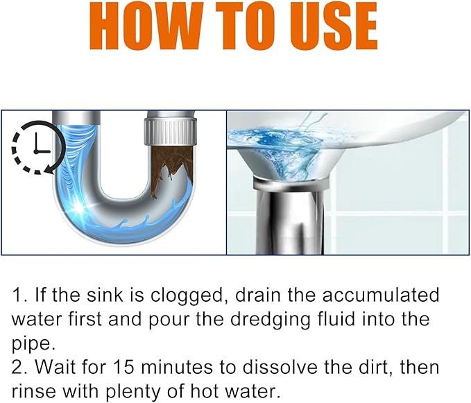 Powerful Pipe Unclogging Liquid for Kitchen and Toilet - Fast Acting Drain Cleaner to Remove Hair Grease &amp Odor Keep Drains Fresh &amp Clear(2PCS)