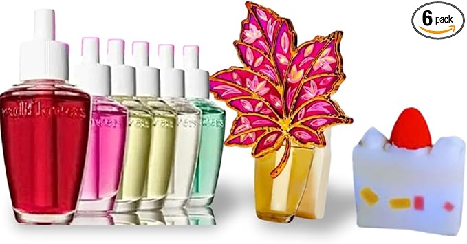 FALL FAVORITES - Bath/Body Works 6-Pack Wallflowers Fragrance Refills 6 Different Scents Assorted Colors with LEAVES PLUG and Strawberry Cake Soap.