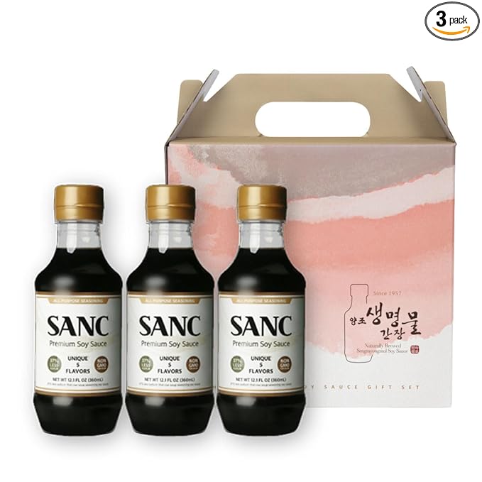 SANC All Purpose Korean Soy Sauce 12.2 Fl Oz (Pack of 3) – Less-Sodium Salt Substitute NON-GMO Bean No Artificial Additives Naturally Brewed Soy Sauce with Music Fermentation