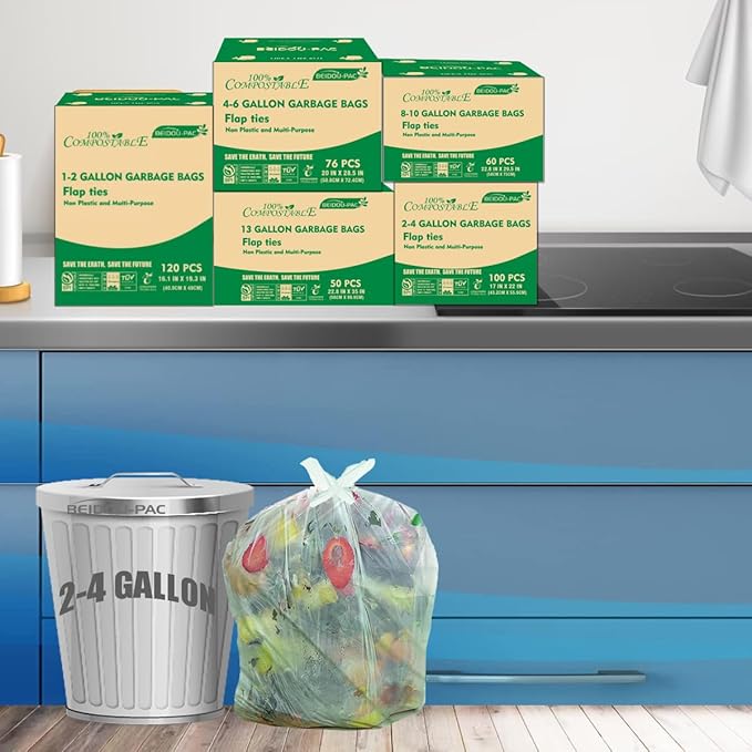 3 Gallon Flap Tie Compostable Trash Bags 300 Count Small Compost Bags Biodegradable Kitchen Garbage Bags Food Scrap Waste Bags for Countertop Bin ASTM D6400 US BPI Certified