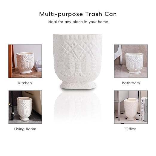 Bathroom Trash Can Ceramic Wastebasket Garbage Container for Bathroom Bedroom Dorm College Office Beige-White Decorative Compact Trash Can
