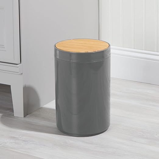 mDesign Plastic Round Trash Can Small Wastebasket - Garbage Bin Container with Swing-Close Lid - Bathroom Garbage Basket - Holds Waste Recycling - 1.3 Gallon - Basa Collection - Charcoal Gray/Natural