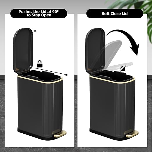 2.6 Gallon Slim Bathroom Trash Can with Soft-Close Foot Pedal 10L Stainless Steel Garbage Can with Removable Liner Bucket for Narrow SpacesBathroom Bedroom (Titanium Black)