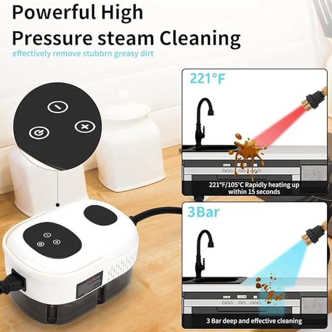 Handheld Steam Cleaner 1500W Pressure High Temperature Pressurized Steam Cleaning Machine with 1100ml Water Tank 3Bar 6 Gear Adjustment for Grout Tile Car Kitchen LCD Touch Screen