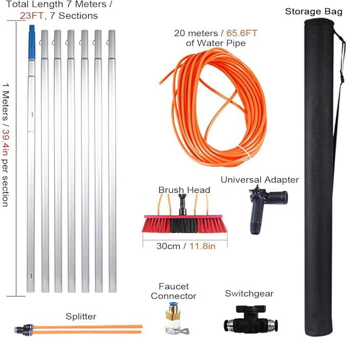 Window Cleaning Water Fed Pole KitOutdoor Reach Solar Panel Cleaning Brush with 20m Water PipeAdjustable Cleaning Tool with Aluminum Extension Pole for Roof Window Glas(Size:7M/23FTColor:30cmBrush)
