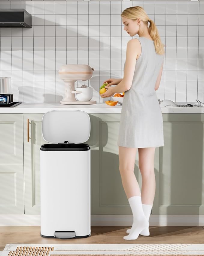 Arlopu13.2 Gallon Step Trash Can Stainless Steel Garbage Bin Soft-Close Rubbish Bin with Removable Plastic Inner Bucket Fingerprint-Proof Lid Dustbin Suit for Kitchen Home (White 50L)
