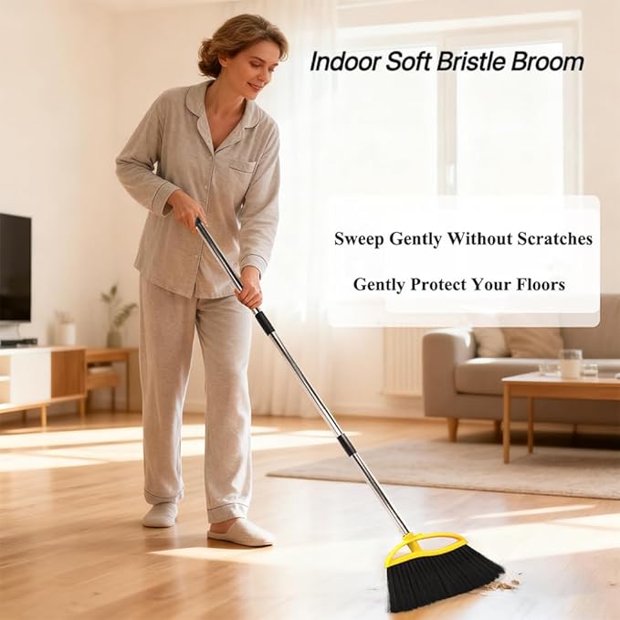 3 Pack Soft Bristle Angle Broom for Floors - Wide Indoor Heavy Duty Broom with 38-53.5 Adjustable Handle Kitchen &amp Restaurant Use for Hardwood Porch (Gray Yellow Green)