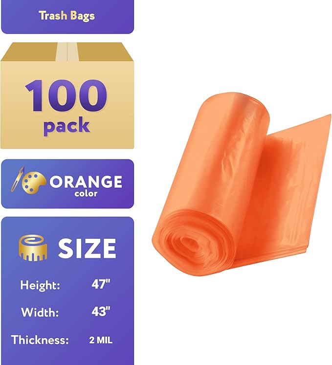 APQ Outdoor Trash Bags Large 43 x 47 Pack of 100 Orange Trash Can Liners Thin 2 Mil Polyethylene Big Garbage Bags Unscented Leakproof Waste Basket Bags 56 Gallons Kitchen Waste Basket Liner