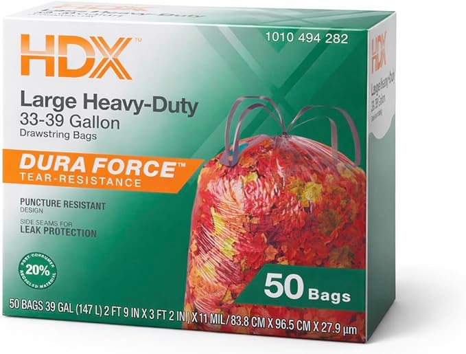 HD-Large Heavy-Duty Drawstring Trash Bags clear 33-39 Gallon Ultra-Force Tear Resistance 50 Count (1 pack)