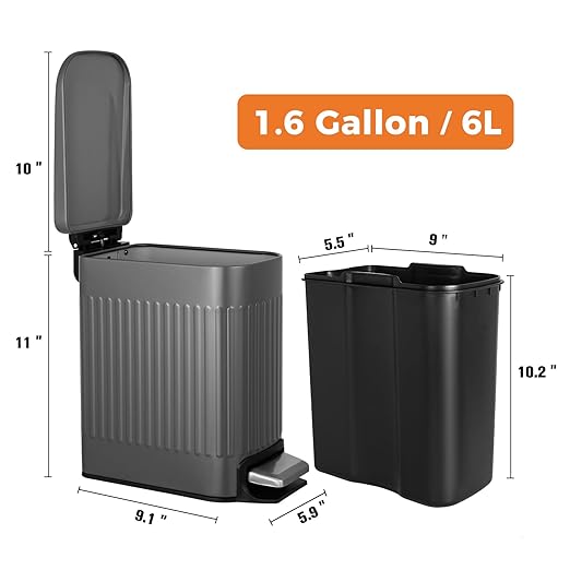TrashAid Small 1.6 Gallon Stainless Steel Trash Can with Removable Inner Bucket Grey Hands Free Step Pedal Design
