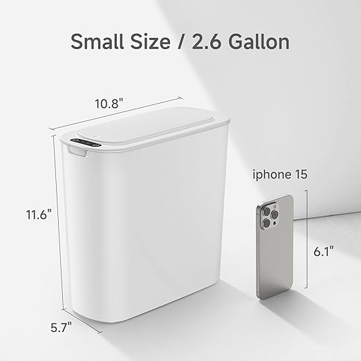 TIPGO Automatic Motion Sensor Bathroom Trash Can with Lid 2.6 Gallon Touchless Trash Bin Smart Garbage Can Plastic Slim Wastebasket for Bedroom Office Dorm (White)
