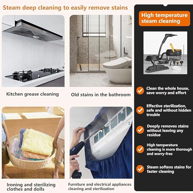 2500W Handheld Steam Cleaner Portable Steam Cleaner 1600ML 3 Gear Adjustable for Cleaning Upholstery Bathroom Grout and Tiles Car Detailing Black