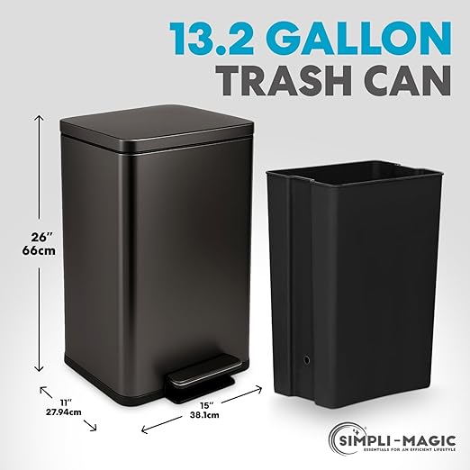 Simpli-Magic 13.2 Gallon (50L) Step Trash Can – Kitchen Garbage Can with Slow-Close Lid – Odor Control Hands-Free Easy to Clean Brushed Stainless Steel