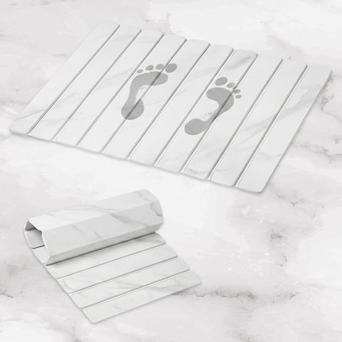 Large Stone Dish Drying Mat 24 x 16 – Quick Dry Diatomaceous Bath &amp Kitchen Mat with Non-Slip Base – Modern Absorbent Drying Pad for Plates Glassware &amp Bottles (Marbled White)