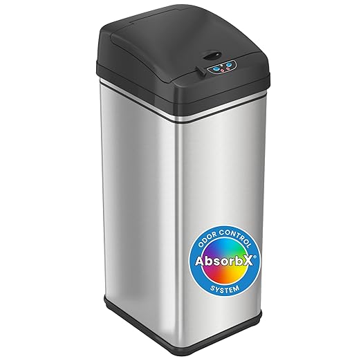 iTouchless 13 Gallon Stainless Steel Kitchen Trash Can with Odor Filter Powered by Batteries (Not Included) or Optional AC Adapter (Sold Separately) Original Stainless Steel