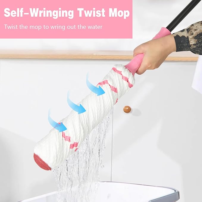 XXXFLOWER Broom and Dustpan Set with Cleaning Teeth+Self-Wringing Twist Mop for Floor Cleaning 57” Long Handle Heavy Duty Microfiber Mop for Wet Mopping on Tile Hardwood Kitchen Bathroom