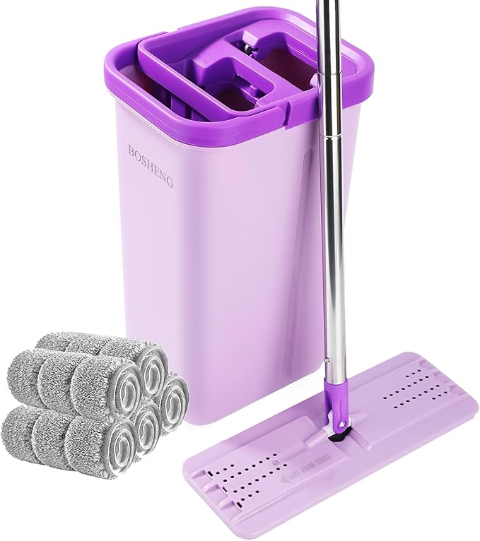 Mop and Bucket with Wringer Set Hands Free Flat Floor Mop and Bucket 5 Washable Microfiber Pads Included Wet and Dry Use Home Floor Cleaning System for All Floor Types and WindowsPurple