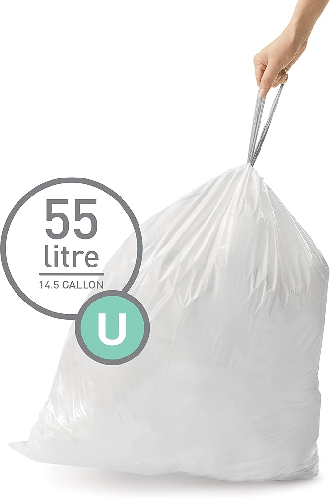 simplehuman Code U 60 Count Dispenser Pack Custom Fit Liners Drawstring Trash Bags 55 Liter / 14.5 Gallon White