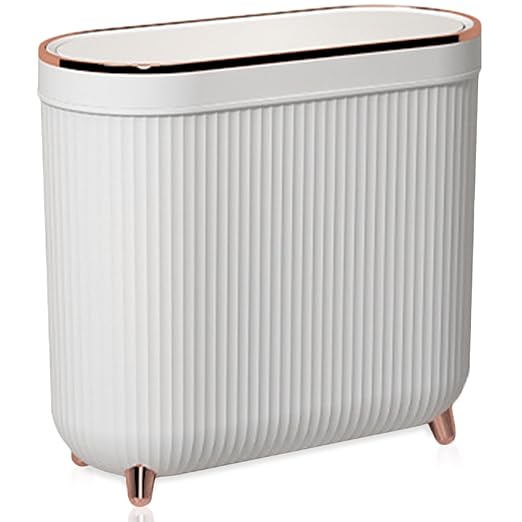 Yatmung Small Bathroom Trash Can with Lid - Slim Decorative Garbage Can - Press-Top Trash Bin for Bedroom Home Office Narrow Space Plastic - 12 Liter Waste Paper Basket - White with Rose Gold Legs