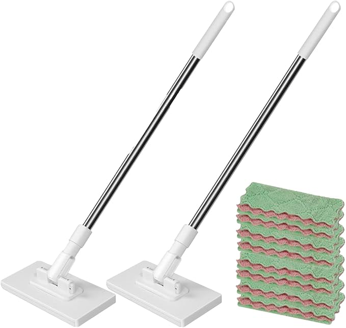 2 Set Disposables Dust Mops with 8 Reusable Cloths 100x16x8.5cm Automatic Fabric Clamp Lazy Mop 360° Rotatable Detachable Press Flat Mop Portable Face Towel/Wipes Cleaner for Floor Bathroom Kitchen