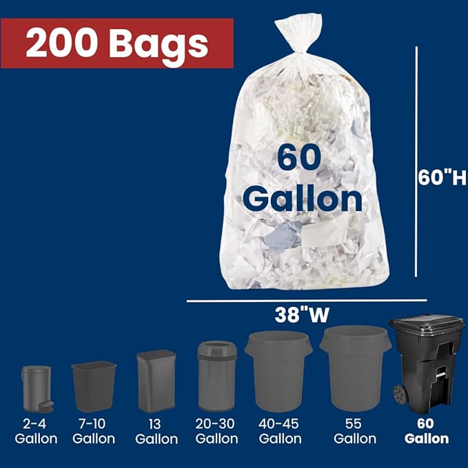 60 Gal Trash Bags | 200 Count | 38 X 60 Clear Extra-Large Garbage Bags for Outdoor Use