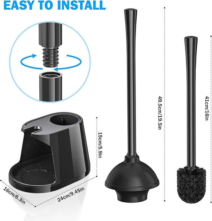 Toilet Plunger and Brush Set 2 Pack Bowl Brush and Heavy Duty Toilet Plunger with Ventilated Holder 2-in-1 Toilet Brush and Plunger Combo for 5.3-inch Toilet Drain Bathroom Deeply Cleaning(Black)