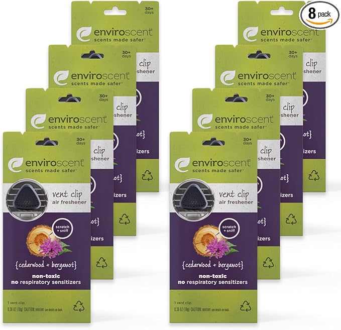 Enviroscent Non-Toxic Car Vent Clip | Single Use Car Air Freshener | Car Scent Lasting Over 30 Days Each 8 Count (Cedarwood &amp Bergamot)