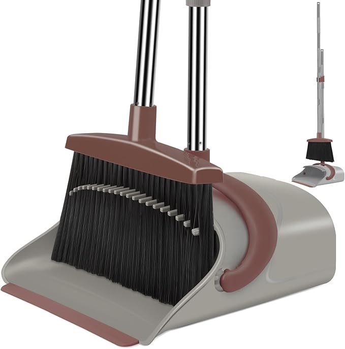 Ivandar Broom with Dustpan Combo Set 50.6 inch Long Handle Upright Standing Broom and Dustpan Set Quiet Cleaning Tool Sweep the Floor Dust pan Removes 4 Times More Pet Hair(Brown and Gray)